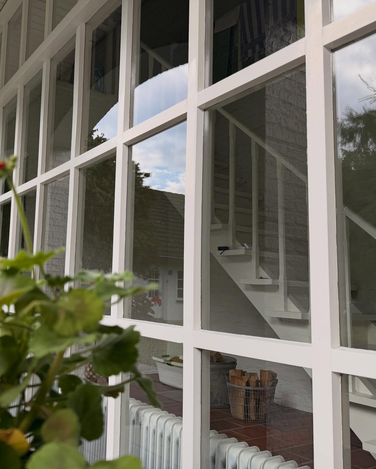 Witte paneelramen met geraniums ervoor, pas gewassen